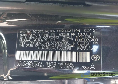 2012 Toyota Prius C One from USA, damaged, VIN JTDKDTB37C1502198